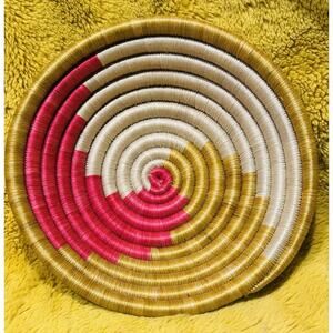 African Hand Woven Swirl Coil Wall Basket Natural Bowl 9” Pink Yellow Cream